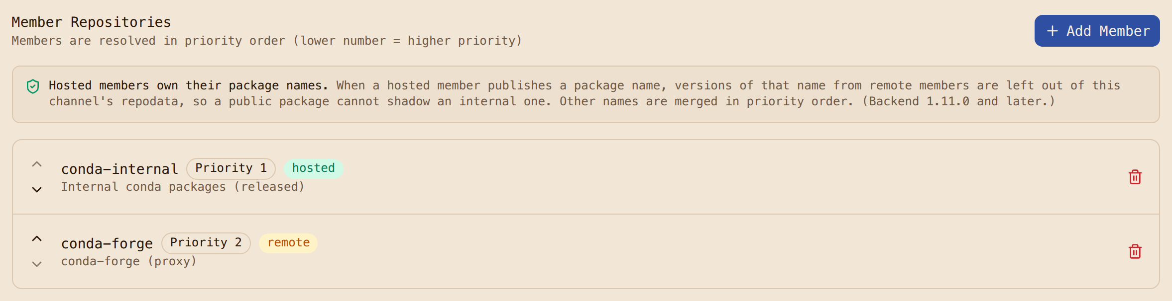 The conda-virtual repository's members in priority order, conda-internal first as a hosted member, with the note that hosted members own their package names