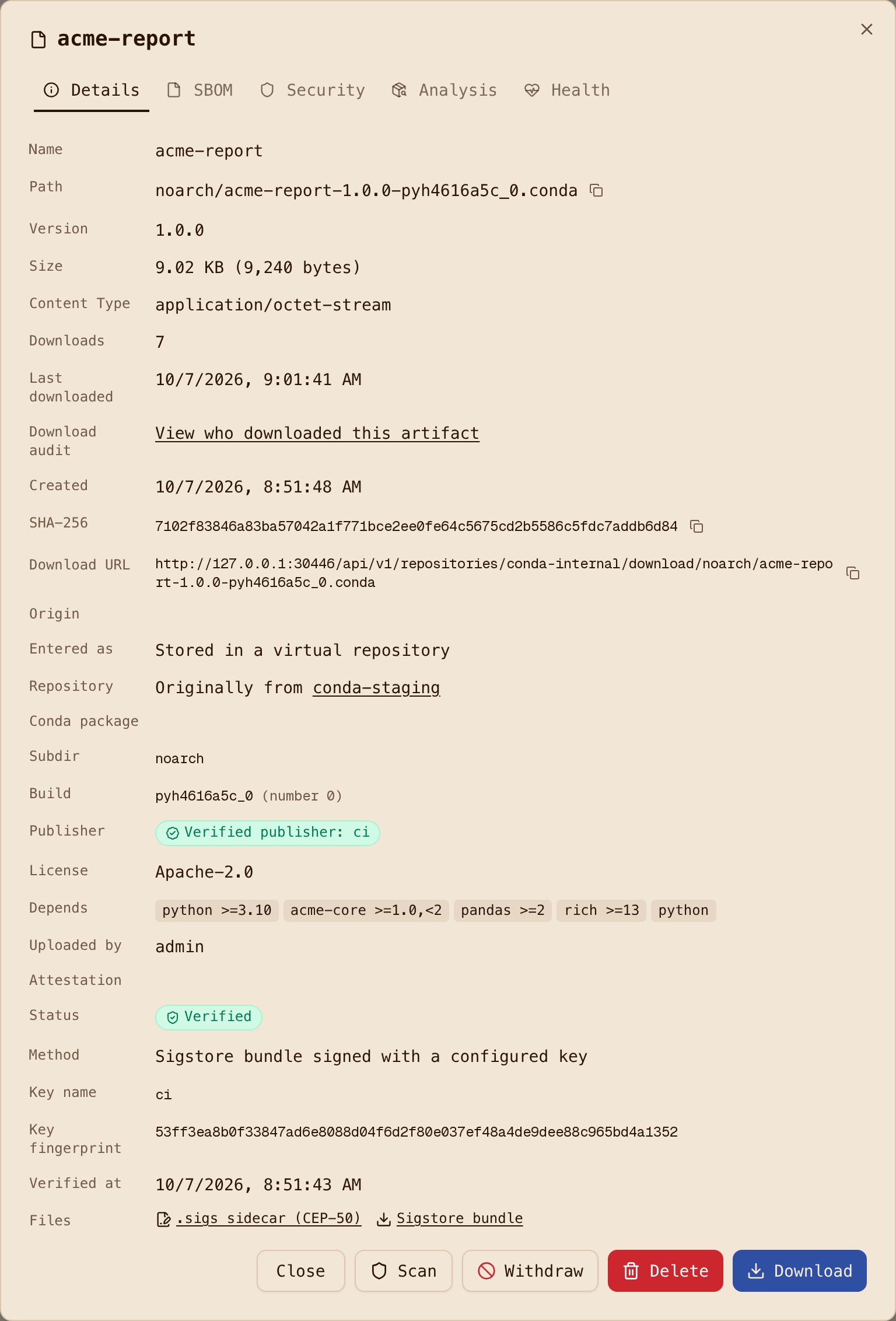 Package detail for acme-report with the attestation panel: verified, Sigstore bundle signed with a configured key, key name ci, fingerprint, verification time, links to the .sigs sidecar and the bundle