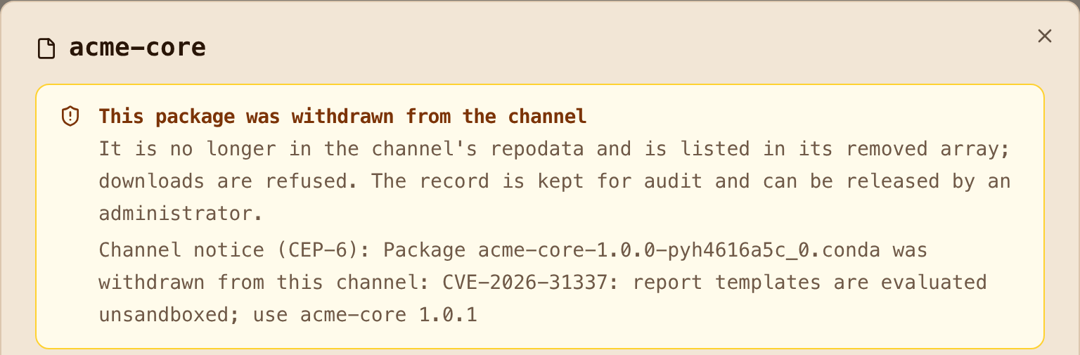 A withdrawn package in the artifact list, marked withdrawn with the CEP-6 channel notice text