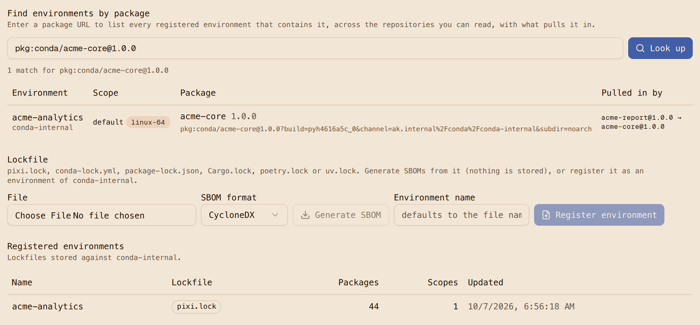 The Environments tab for conda-internal: a registered pixi.lock environment with its SBOM, and a PURL lookup showing which environments contain a component