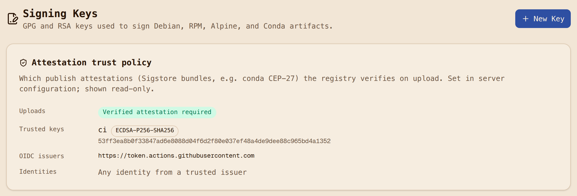 The Signing page's attestation trust policy card: verification required, the ci key with its fingerprint and algorithm, and the trusted issuer