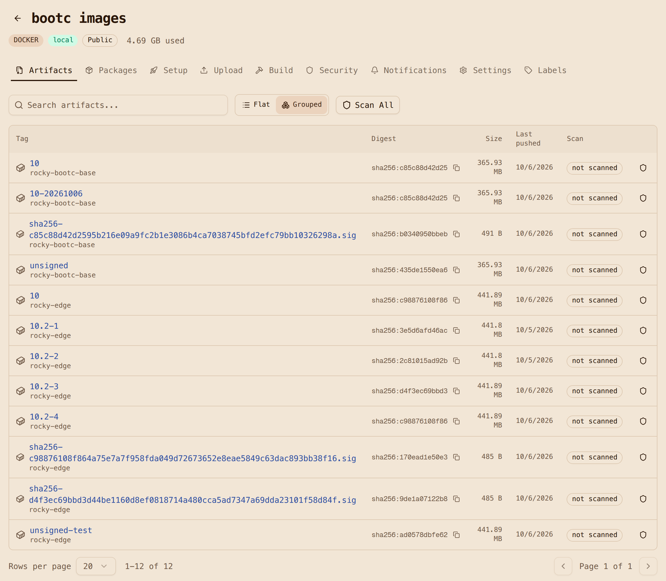 The oci-bootc repository showing the Rocky Linux image mode base and the rocky-edge tags with their digests and cosign signature tags